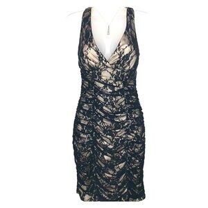 Y2K Windsor Speechless Black Ruched Lace Overlay Nude Illusion Open Back Dress M